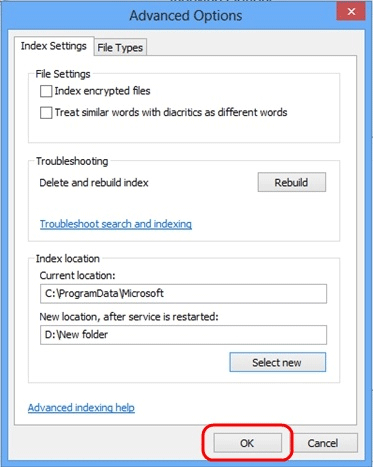 Windows 8 Indexing Options, Settings